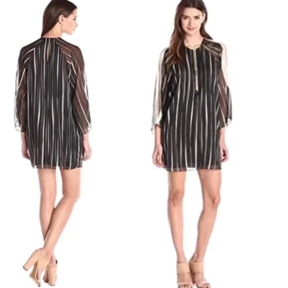 Halston Heritage Black Stripe Mini Dress, Crinkle Chiffon, Gold Detail, Sz. XL - Picture 1 of 8